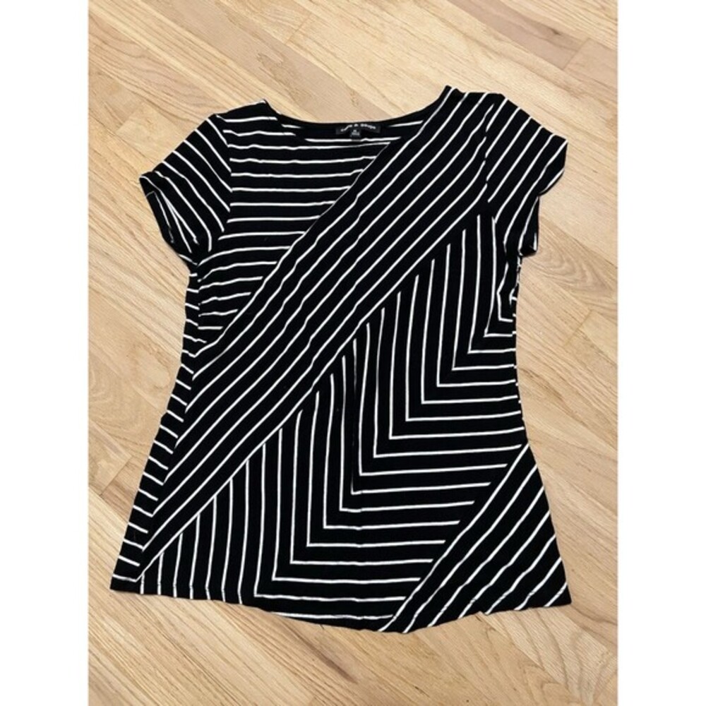 Cable‎ & Gauge Womens Black White Striped Geometric Knit Top Short Sleeve Size M